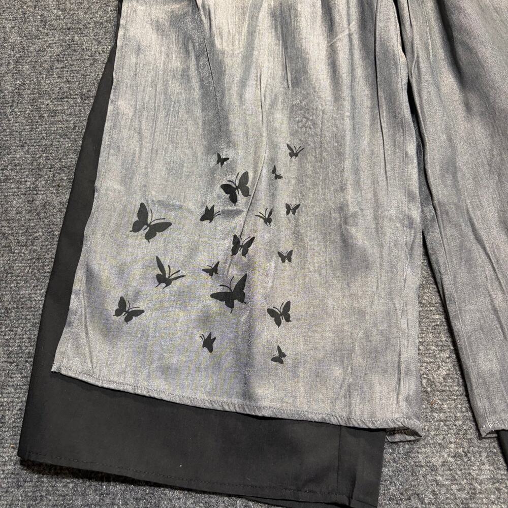 Chinese Style Gray Black Wide Leg Pants Womens XL Butterfly Print Frog Buttons - Picture 3 of 8